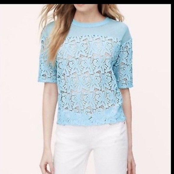NWT Women’s LOFT Baby Blue Mesh Crochet Blouse Size Small - Picture 8 of 8